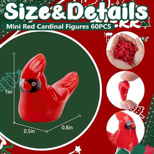 Watayo 60 Pcs Mini Resin Red Cardinal Bird Figurines, Christmas Miniature Cardinal Figurines Decor, Tiny Red Birds Ornaments for Christmas Garden Tree Home Table Decor Vase Filler Party Favors