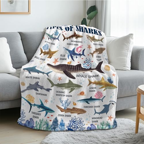 Shark Gifts Blanket for Boys Girls, Shark Blanket for Women Men, Ocean Educational Gifts for Kids, Fish Gifts for Women Men, Gifts for Christmas Thanksgiving 50x60in