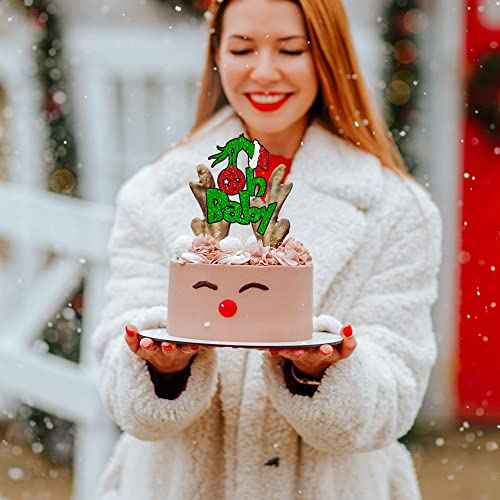 1Pcs Greench Christmas Oh Baby Cake Topper Glitter Shower Cake Pick Decorations for Greench Christmas Theme Kids Birthday Party Supplies