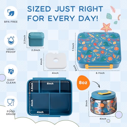 Kids Bento Lunch Box Set with 8oz Insulated Food Jar & Ice Pack - Blue Ocean