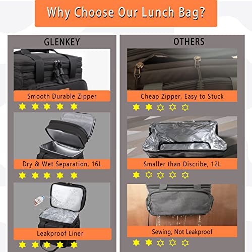 GLENKEY Large Black Expandable Insulated Leakproof Lunch Bag for Work & Outdoors - 16L