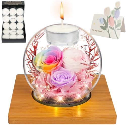 ENERLEAF Colorful Preserved Real Rose in Glass with Scented Candles – Forever Flower Gift