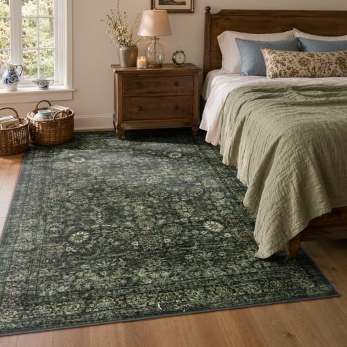 Morebes Dark Green 5x7 Washable Area Rug - Vintage Boho Non-Slip Non-Shedding