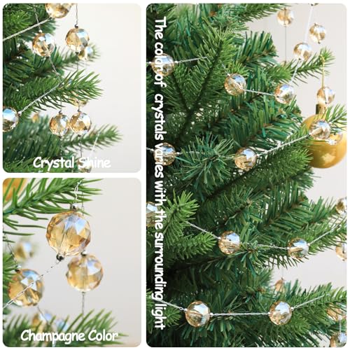 LEFERS 9.8Ft Crystal Glass Balls Christmas Garland,48 Beads 16mm Faceted Prism Beads Strands Hanging Ornament Decoration for Christmas Tree Centerpieces Wedding Party (Gold)