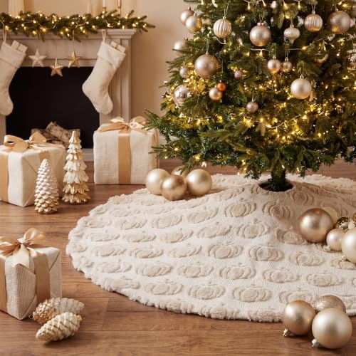 Thenshop Fall Tree Skirt 48 Inch Beige Plush with 3D Pumpkins - Seasonal Decor