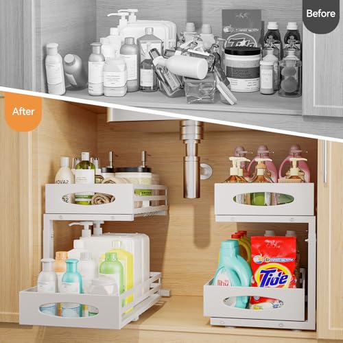 White 2-Pack Under Sink Organizer - 2 Tier Pull-Out Storage Cabinets with Adjustable Height