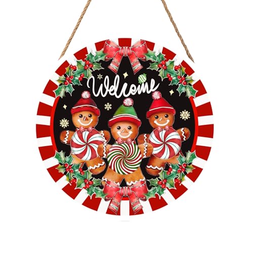 Christmas Gingerbread Man Welcome Door Sign For Front Door Decor,Red White Stripes Holly Berry Wooden Sign 12"x 12" Round Wood Hanging Door Sign Christmas Decoration for Wall Rustic Decor