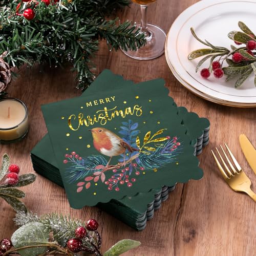 Christmas Paper Napkins 50-Pack, 3-Ply Holiday Bird & Merry Christmas Design