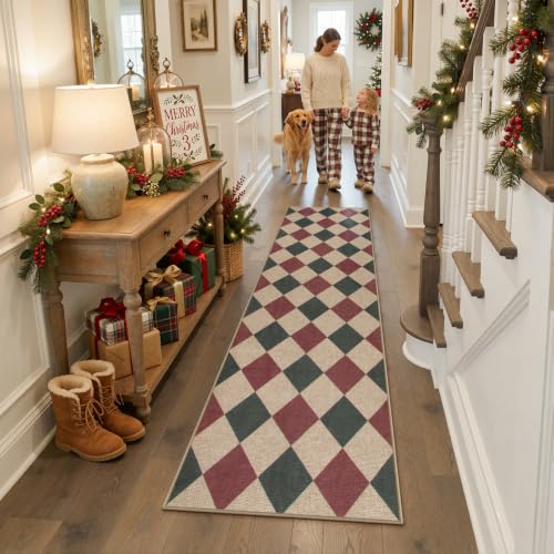 Lahome 2'6" x 8' Red and Green Checkered Christmas Runner Rug Non Slip Entryway Decor