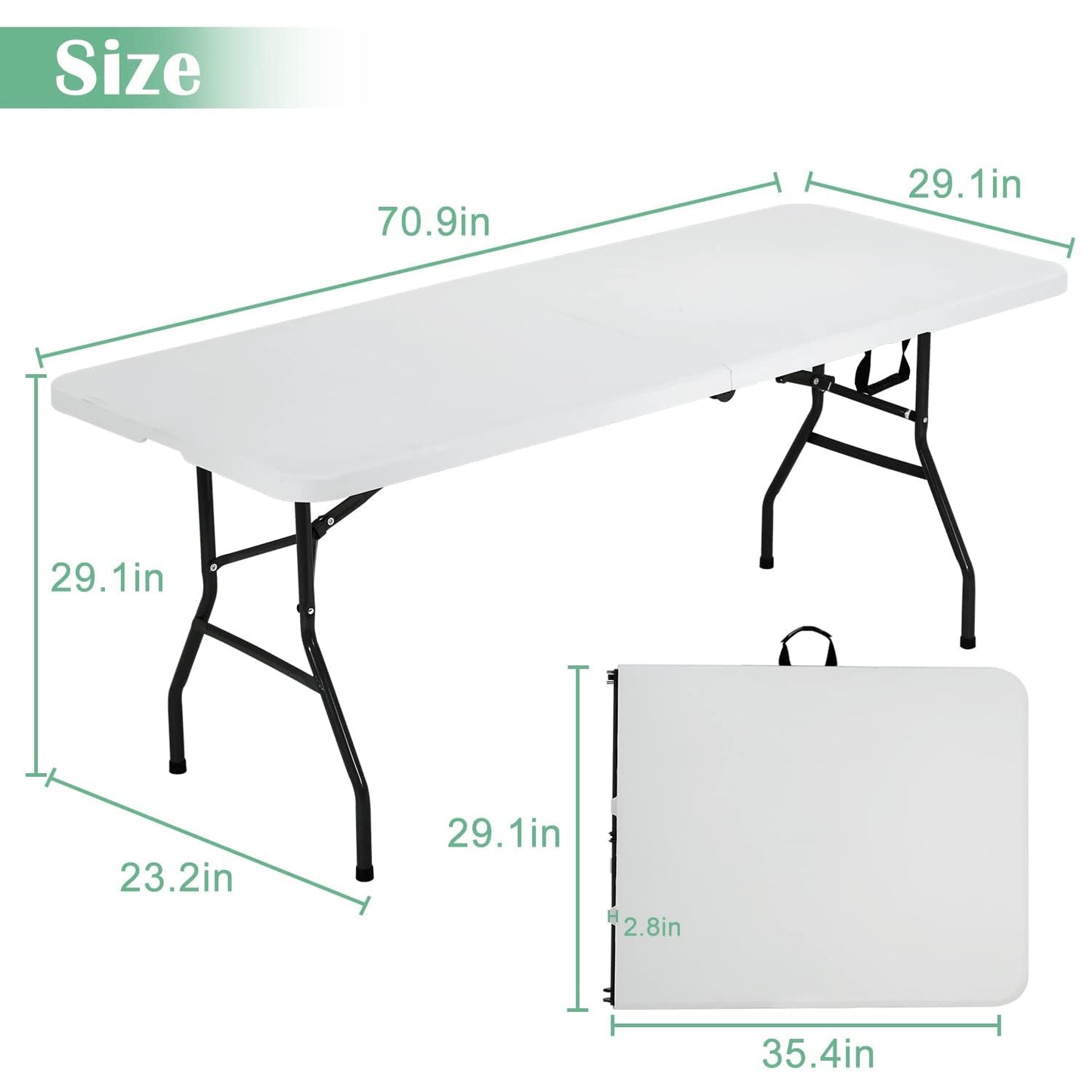 PIKAQTOP Plastic Folding Table 6ft Heavy Duty Foldable Utility Table with Carrying Handle for Camping Picnic BBQ Party Banquet Backyard, 500LBS Capacity, White