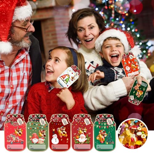 48 Pack Christmas Mason Jar Cards 8 Design DIY Candy Cards with 50 Clear Treat Bags for Stocking Stuffers, Kids Christmas Party Favors Supplies, Holidays Classroom Prizes, Exchange Gift