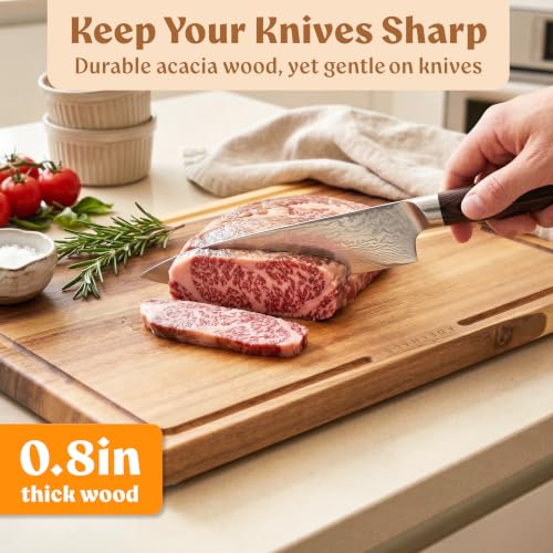 EDELHAUS Acacia Wood Cutting Boards Set of 3 with Juice Groove & Non-Slip Feet — Single-Sided