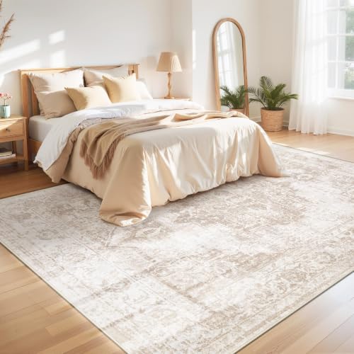 Zomfy 8x10 Beige Vintage Washable Area Rug - Distressed Indoor Floor Carpet