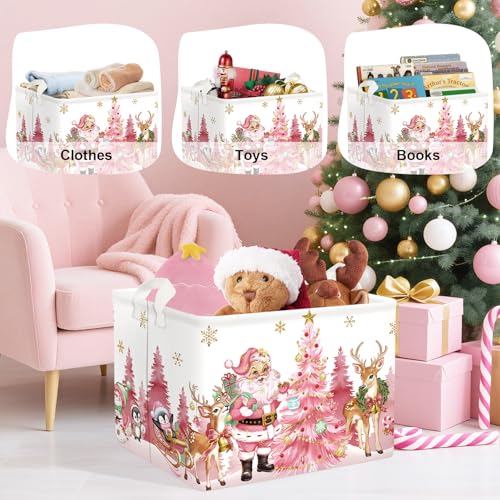Pink Santa Claus Baby Laundry Hamper Christmas Clothes Kids Storage Basket Large Poinsettia Reindeer Sleigh Snowflake Girls Gift Toy Box Bin, Tree, 36L