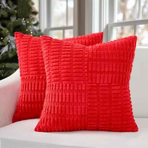 Topfinel Christmas Throw Pillow Covers Set of 2 Soft Corduroy Decorative Red Pillow Covers Textured Striped Patchwork Cushion Cases for Couch Sofa Bed Cute Aesthetic Home Decor 16x16 Inch
