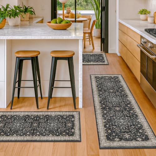 JTJ Set of 3 Black Boho Vintage Washable Non-Slip Kitchen Rugs 20x32 + 20x48 + 20x59 inches