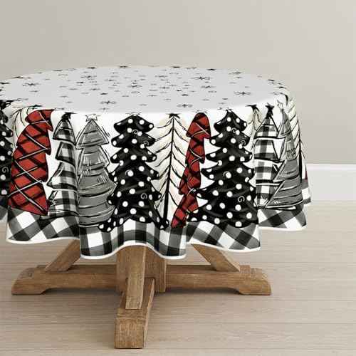 Horaldaily Christmas Tablecloth 60¡¿60 Inch Round, Christmas Trees Buffalo Plaid Black Washable Table Cover for Party Picnic Dinner Decor