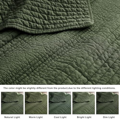 Queen Size Striped Cotton Quilt Set - Olive Green, 3-Piece Bedding with Shams