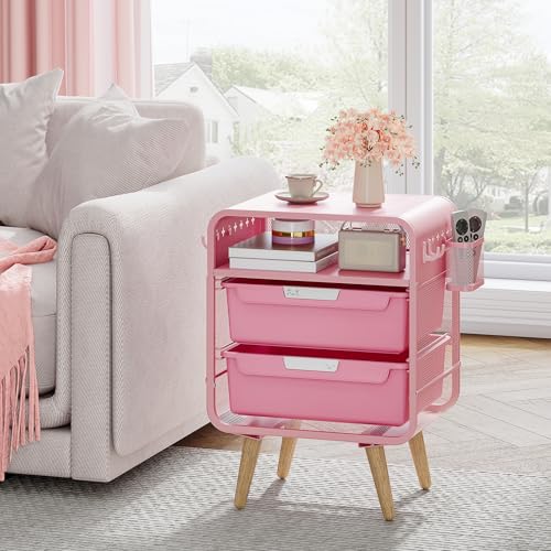 Pink Nightstand with Storage Drawers & Hanging Basket for Kids Rooms