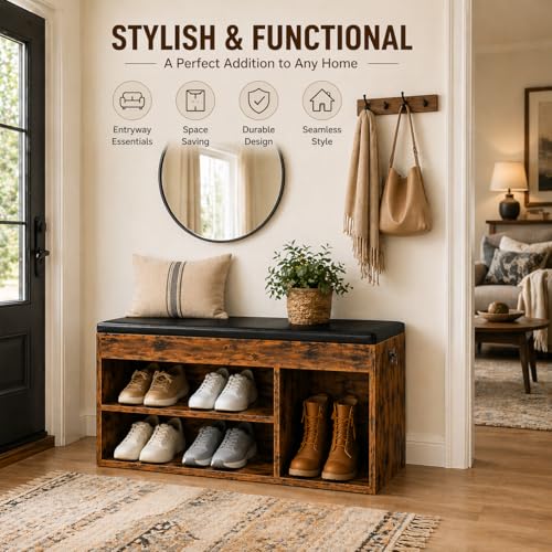 Entryway Shoe Storage Bench with Cushion - Rustic Brown & Black, 32.3"