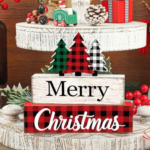 3 Pcs Merry Christmas Table Wooden Decor Christmas Tree Wood Block Sign Xmas Buffalo Plaid Tabletop Centerpiece Xmas Rustic Tiered Tray Decor for Winter Farmhouse Home Kitchen Office Shelf Decoration
