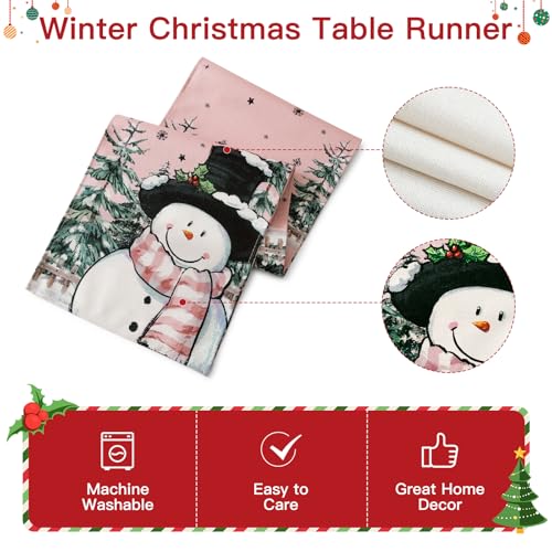 Pink Xmas Snowman Table Runner 13x120 Inch Holiday Home Decor
