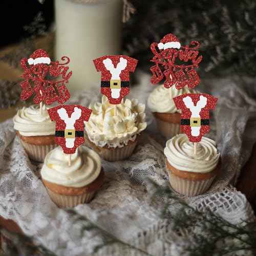 Rsstarxi 24 Pack Santa Baby Cupcake Toppers Glitter Merry Christmas Cupcake Picks Santa Baby Shower Cake Decoration for Gender Reveal Boys Girls Birthday Christmas Party Decorations