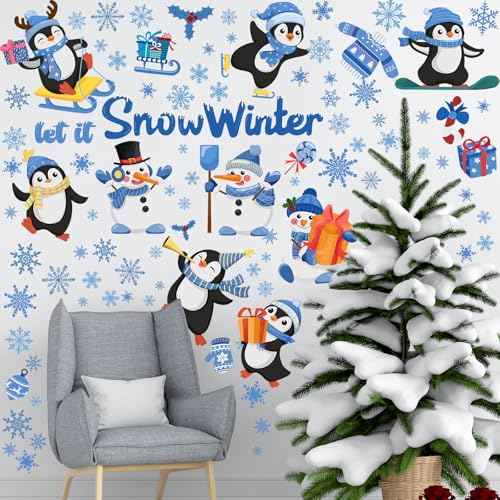 51 Pcs Hello Winter Wall Decals Stickers Let It Snow Penguin Window Clings Christmas Window Clings for Winter Holiday Living Room Nursery Bedroom Wall Decoration, 6 Sheets