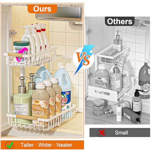 White Under Sink Organizer 2 Pack - Height Adjustable Kitchen & Bathroom Storage