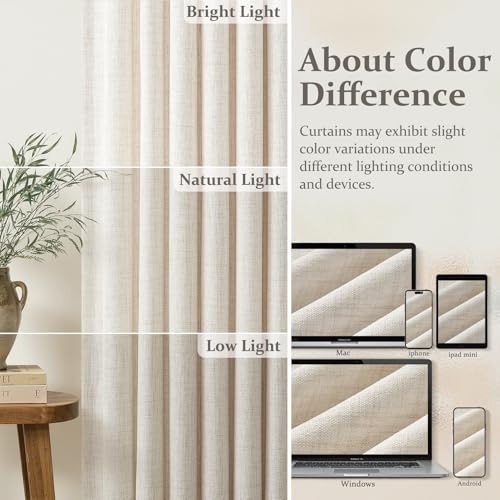 Birch Linen Pleated Curtain Set - 4 Panels, 40"W x 96"L, Ivory Cream, Light Filtering, Memory Shape - LuxuNap