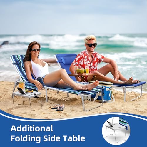 Yestomo 3-in-1 Outdoor Beach Lounge Chair with Face Holes & Side Table, Recliner, Flat Lay, Blue
