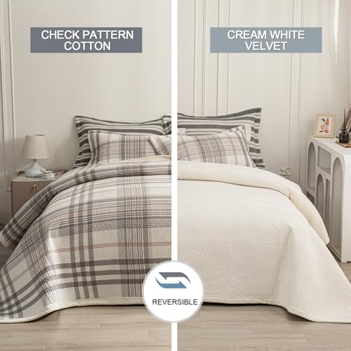 Queen Size Reversible Cotton Quilt Set with Wave Quilting - Grey & White, 90x96, Grid Pattern - Includes 2 Pillow Shams - Light & Soft for All Seasons