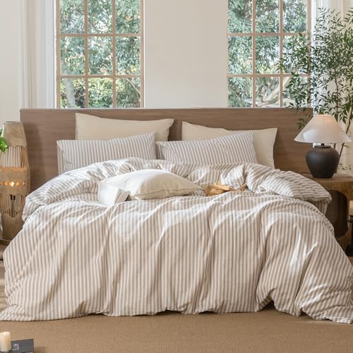 Cal King Striped Duvet Cover Set 100% Washed Cotton Linen-Like - Classic Tannish Grey & White