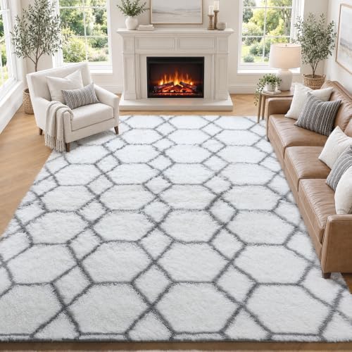 ONASAR 8x10 White & Grey Geometric Fluffy Area Rug - Modern Living Room & Bedroom Decor