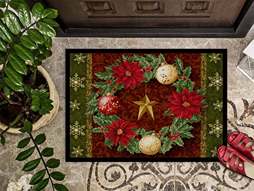 Caroline's Treasures Holly Wreath Doormat 18x27 – Indoor/Outdoor Non-Slip Entry Rug, 100% Polyester (Petite Christmas Decor) - PTW2007MAT