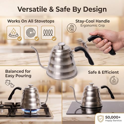 Silver 1.2L Gooseneck Kettle for Pour Over Coffee - Precise Temperature Control