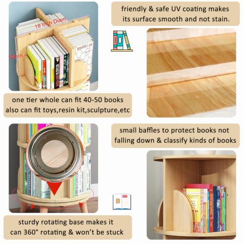 Gdrasuya10 3-Tier Rotating Wooden Bookshelf with Legs, Space-Saving Round Display Shelf