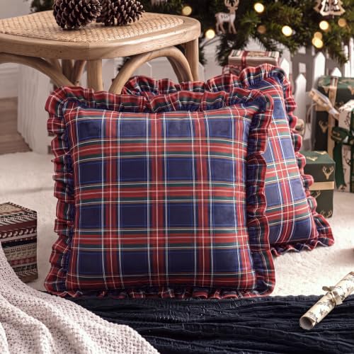 Irenare 2 Pack Christmas Plaid Ruffled Pillow Covers 18x18 Inch, Red & Navy Blue