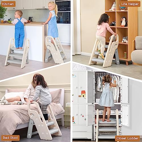 Onasti Gray Foldable 3-Step Stool for Kids Bathroom & Kitchen Helper, Adjustable & Space-Saving