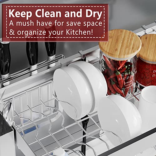 Silver 2-Tier Over Sink Dish Drying Rack - Adjustable Stainless Steel Kitchen Organizer