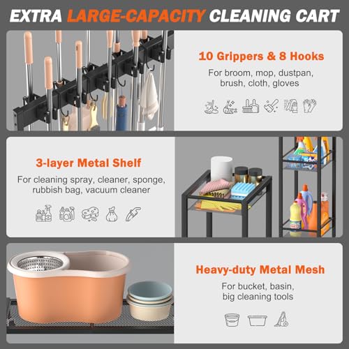 Olakee Large Broom & Mop Organizer with Cleaning Supplies Caddy, Janitorial Cart