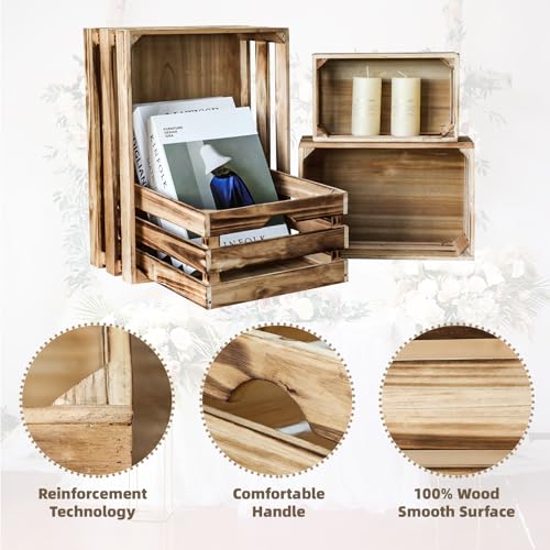 MACVAD Torched Brown Large Rustic Wooden Storage Crates Set of 4, Farmhouse Nesting Boxes