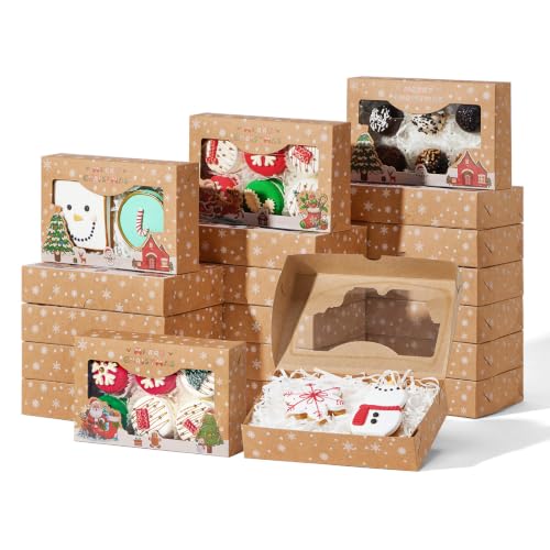 24PCS Vintage Kraft Christmas Cookie Gift Boxes with Window - 7x4.3x1.5 Inches, Brown, Foldable Holiday Packaging
