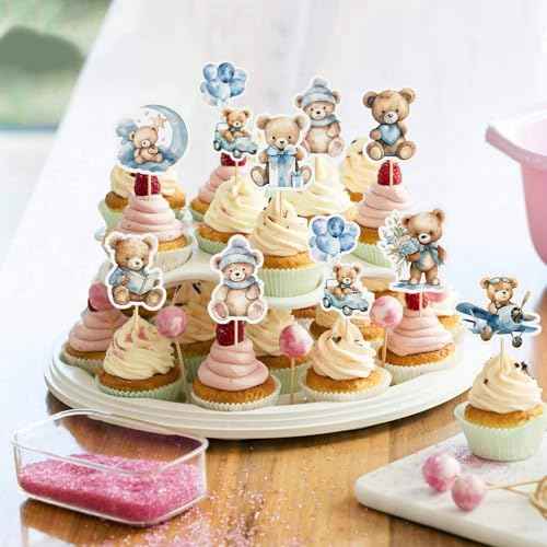 32PCS Baby Shower Bear Cupcake Toppers Airplane Car Balloon Moon Gift Bear Cake Topper Decorations Baby Theme Birthday Party Cake Decorative Supplies