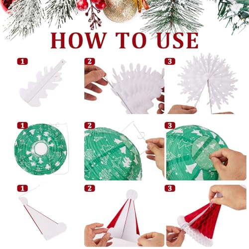 OBBOLO Christmas Hanging Decor Set 12 pcs Red Green White Gold Honeycomb Paper Lanterns Fans