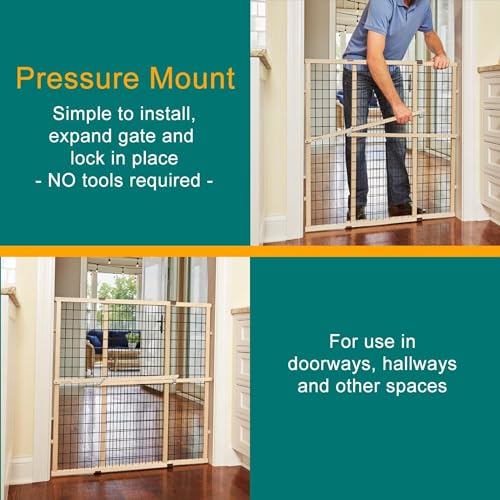 Expandable Wire Mesh Dog Gate - 29.5-48 Inch Wide, 37 Inch Tall, Pressure Mount, Hardwood Frame