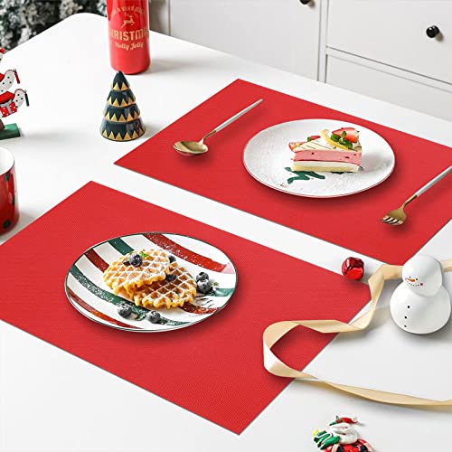 SHACOS Set of 6 Red Woven Vinyl Christmas Placemats - Indoor & Outdoor Table Decor