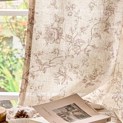 Amlie Taupe Linen Farmhouse Floral Curtains 84 Inch, 2 Panels, Rod Pocket - Pack of 2