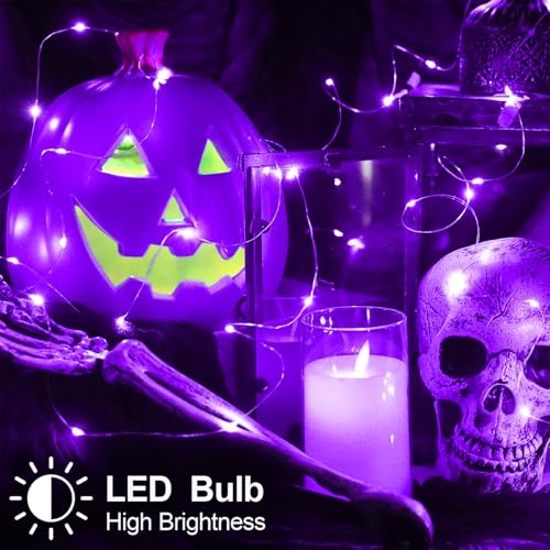 Halloween Christmas Decorations Purple Fairy String Lights Indoor, Battery Operated with Timer, 2Pack Total 33FT 100 Led Mini Battery Powered Twinkle Mason Jar Waterproof Firefly Lights DIY Party