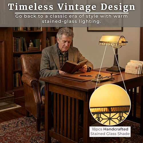 16-Inch Tiffany Style Bankers Desk Lamp with Stained Glass Shade - Vintage LED